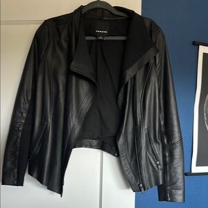 Trouve Black Leather Jacket Asymmetrical Waterfall Design